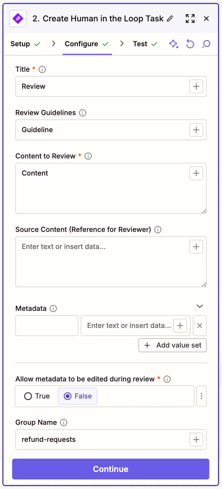 Adding necessary information to create a review task from filled form