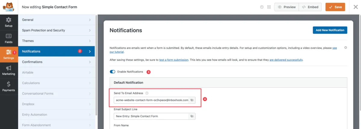 WPForms notification settings