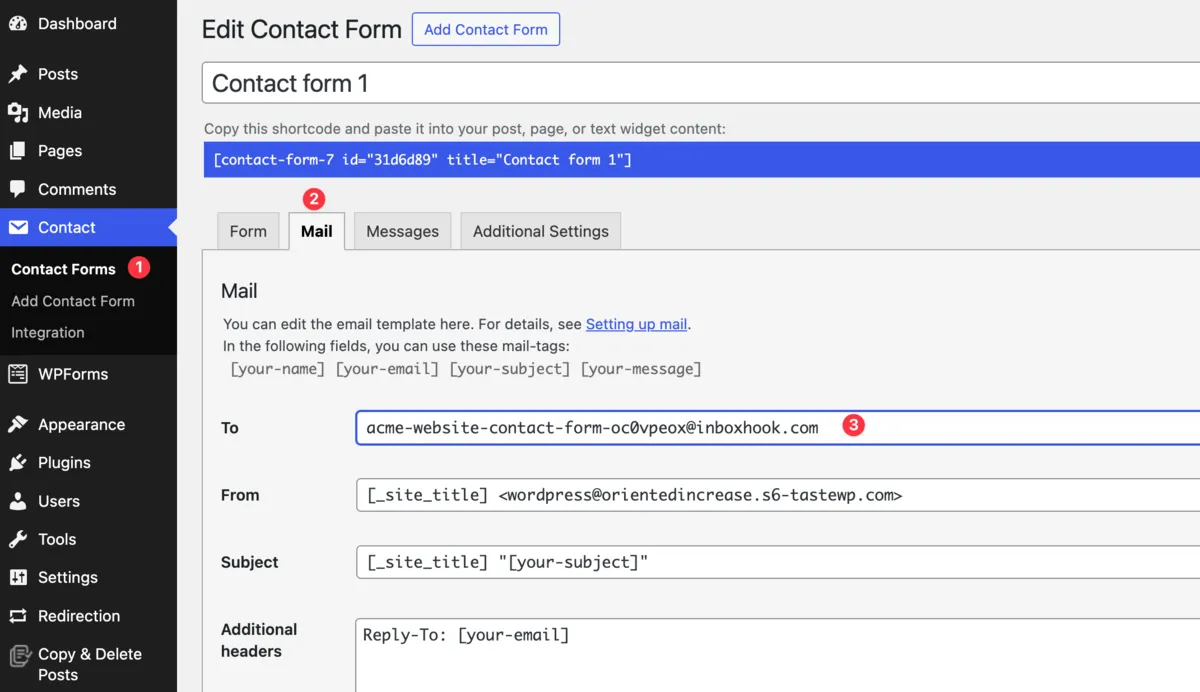 Contact Form 7 mail settings