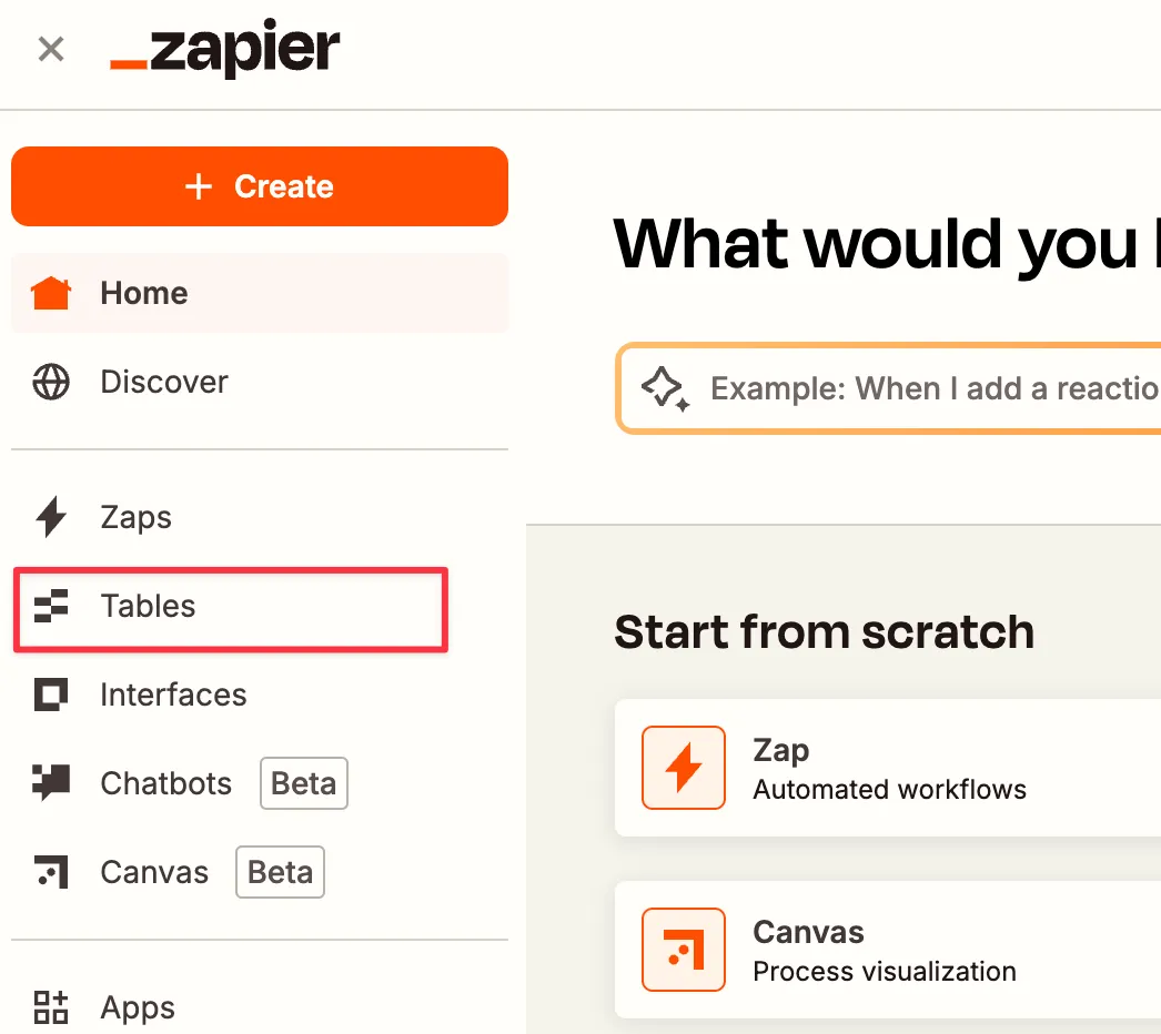 Navigating to Tables from Zapier dashboard