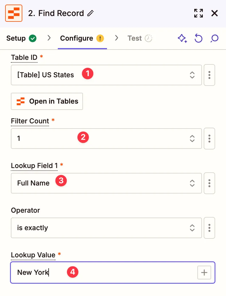 Zapier Table configure step