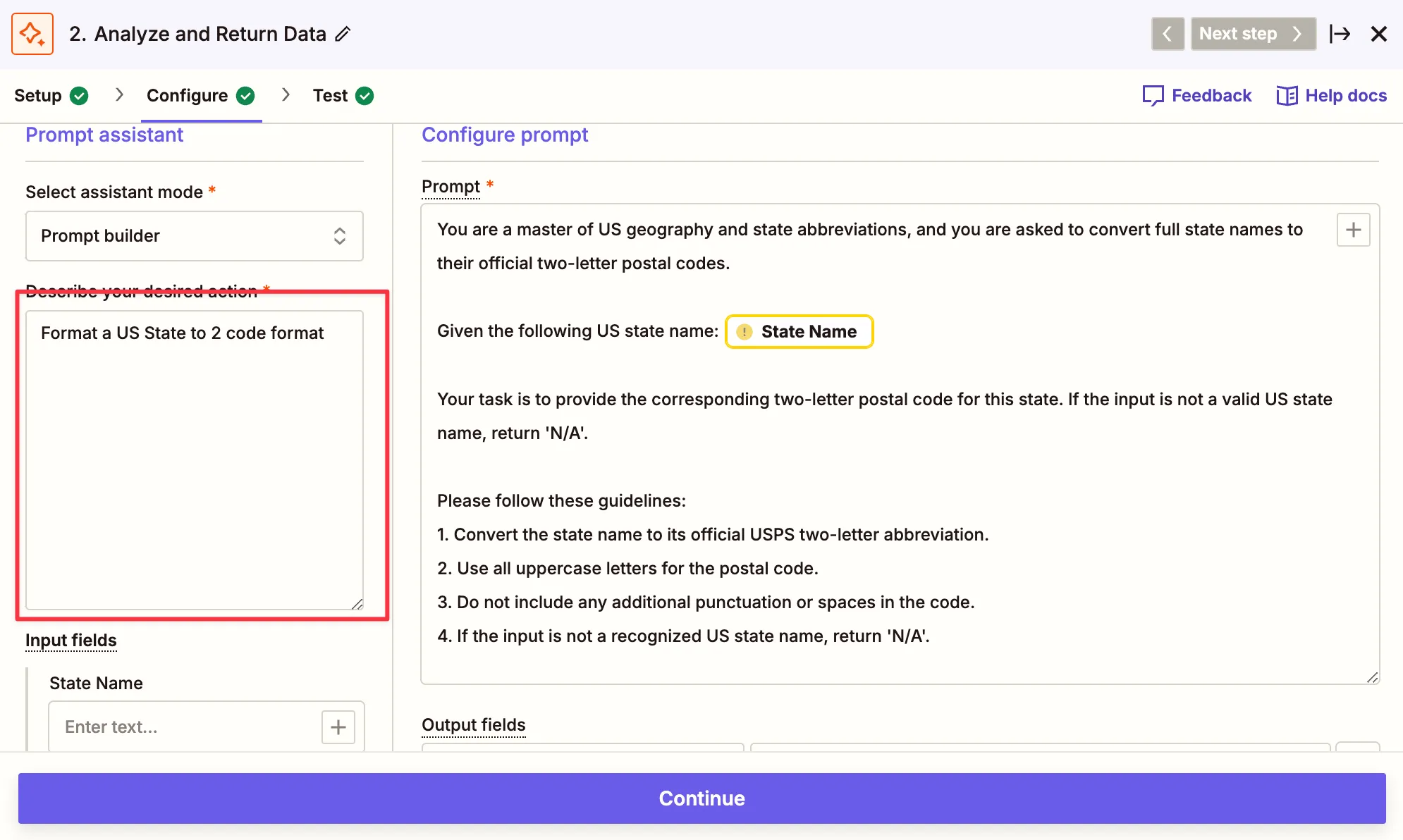 Using AI by Zapier with a prompt to format the US state code