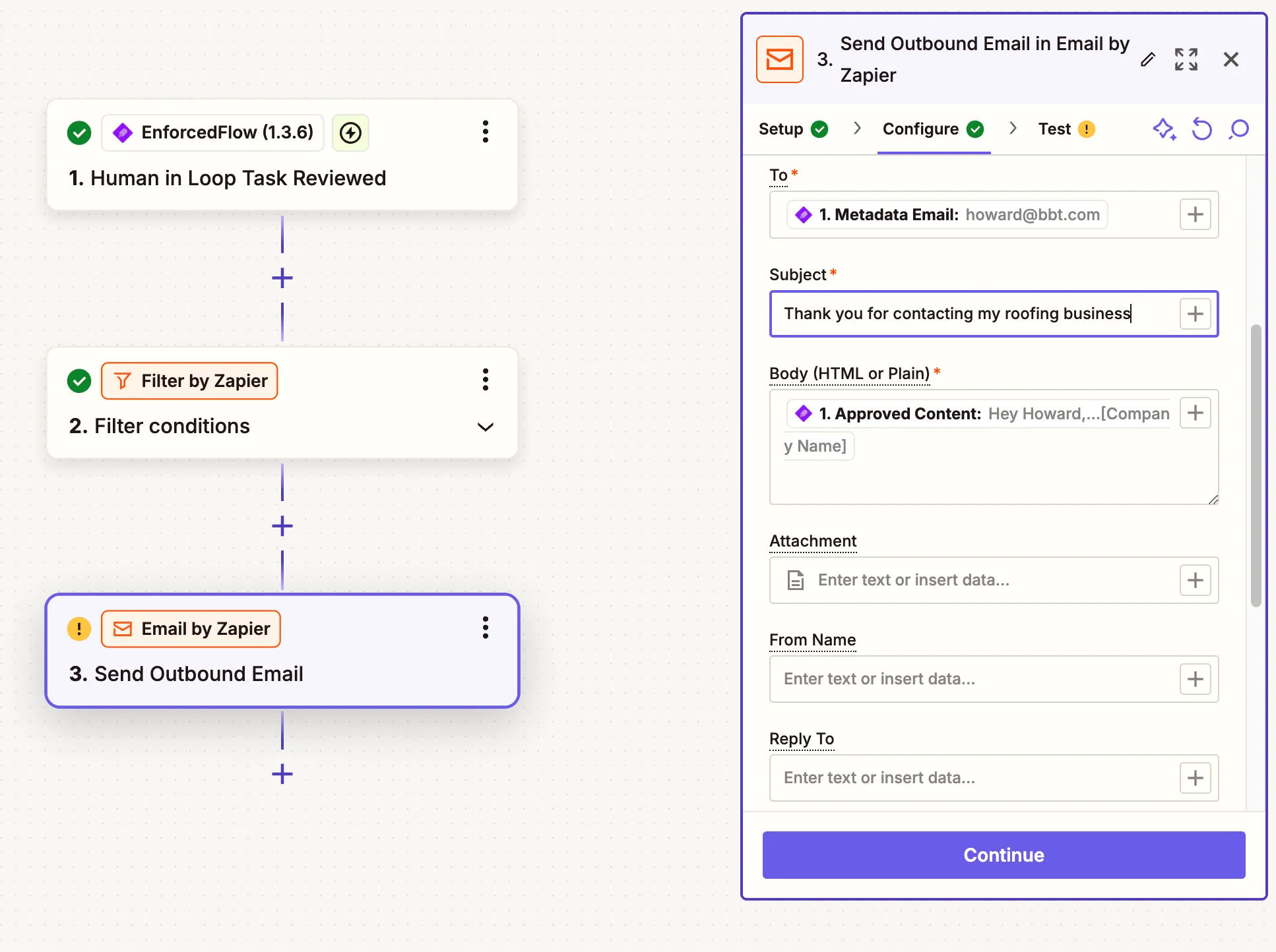 Setting up the email step with information received by the trigger step