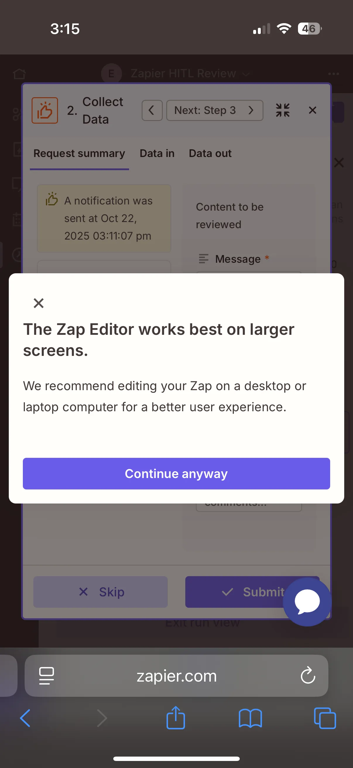 Zapier's mobile warning message