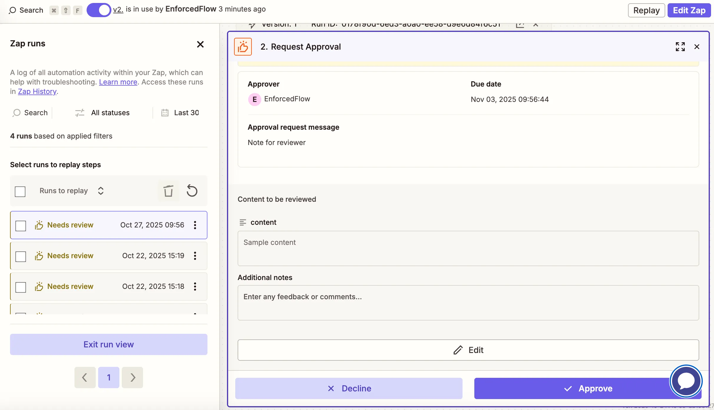 Zapier's review interface showing desktop layout and manual batch
navigation
